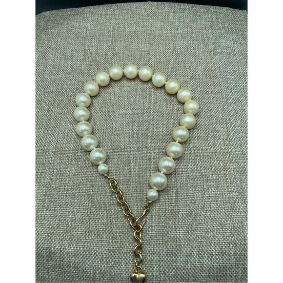 CAROLEE HAND-KNOTTED FAUX GOLD PEARL NECKLACE Gold Tone CHAIN HEART END Pouch - Picture 4 of 9